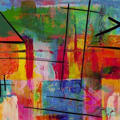 Colorful abstract painting with bold lines and geometric shapes, exuding creativity.